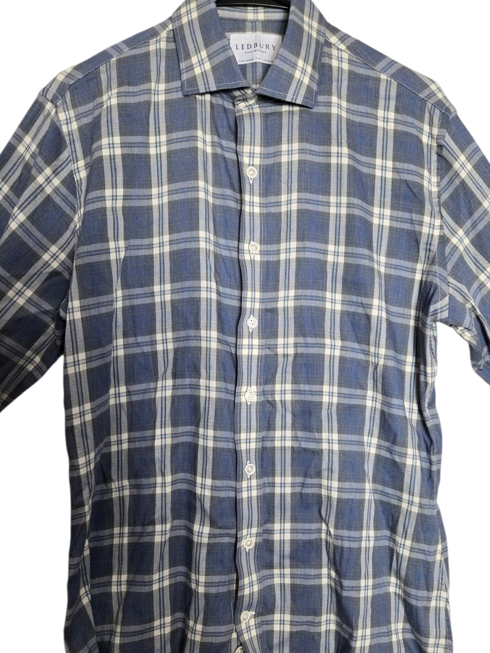 Ledbury Osmond Blue Plaid Button Down Shirt Spread Collar Cotton 15.5 Medium - Picture 4 of 10